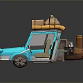 Stylized Blue Cartoon Car With Roof Items Yellow Pipes And Brass Parts