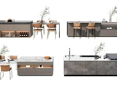 Modern Kitchen Interior With Island Counter Chairs Sink And Green Plants 3d model