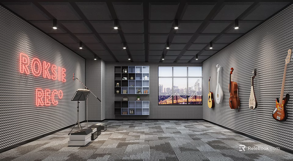 Modern Music Studio Interior With Red Neon Sign Guitars Display Shelf And City View Window 3d model 