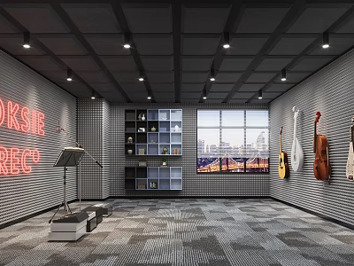 Modern Music Studio Interior With Red Neon Sign Guitars Display Shelf And City View Window 3d model