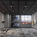 Modern Music Studio Interior With Red Neon Sign Guitars Display Shelf And City View Window