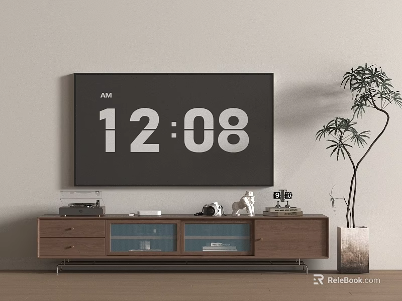 Modern Wooden TV Stand with Drawers Glass Doors and Decorative Plant Near Wall TV 3d model 