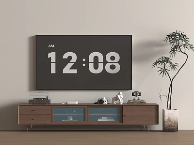 Modern Wooden TV Stand with Drawers Glass Doors and Decorative Plant Near Wall TV 3d model