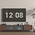 Modern Wooden TV Stand with Drawers Glass Doors and Decorative Plant Near Wall TV