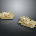 Two Tan Military Tank Models With Cannons And Tracks On Dark Surface
