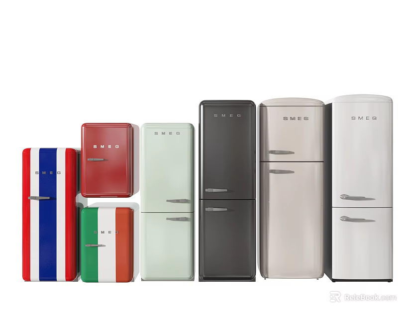 Colorful Retro and Modern Double Door Refrigerators in Various Styles Displayed Together 3d model 