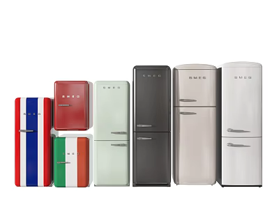 Colorful Retro and Modern Double Door Refrigerators in Various Styles Displayed Together 3d model