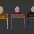 Classic Three Wooden Vanities With Round Mirrors Drawers And Carved Legs
