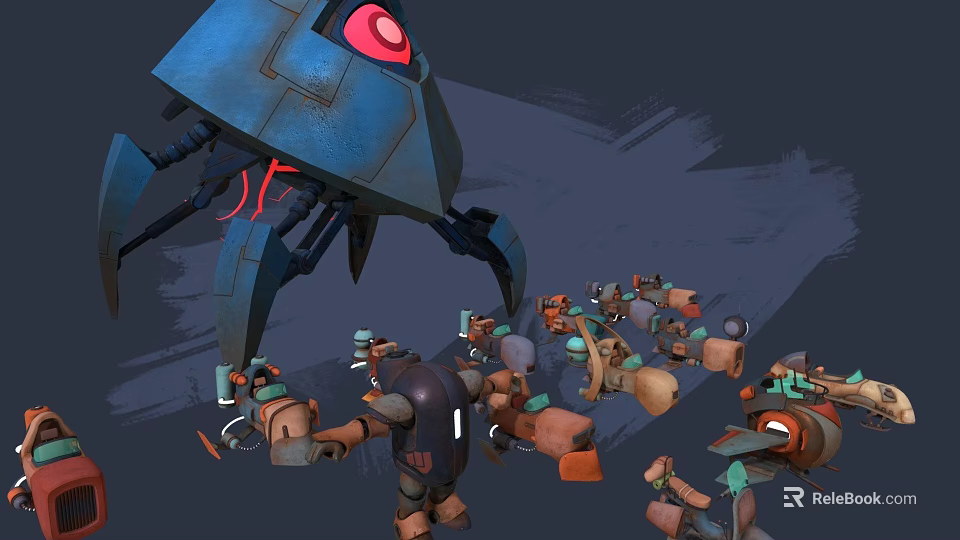 Large Blue Mechanical Device With Red Eye Surrounded By Small Robotic Figures 3d model 