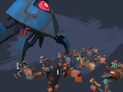Large Blue Mechanical Device With Red Eye Surrounded By Small Robotic Figures 3d model