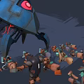 Large Blue Mechanical Device With Red Eye Surrounded By Small Robotic Figures