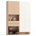 Modern Shoe Cabinet With Wooden Panels White Doors Open Shelf Drawer And Decorative Items