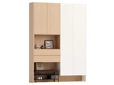 Modern Shoe Cabinet With Wooden Panels White Doors Open Shelf Drawer And Decorative Items 3d model