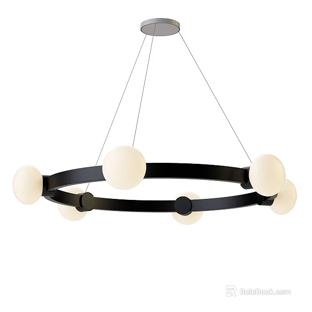 Modern Circular Chandelier with Black Ring Frame and White Globe Light Shades 3d model