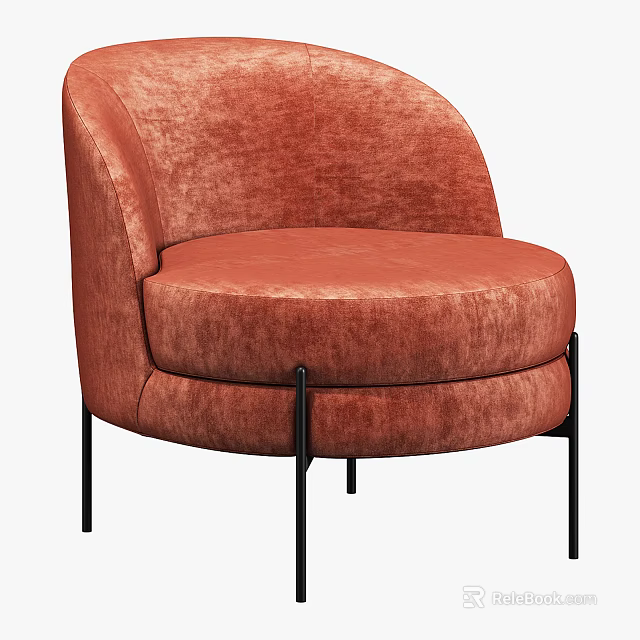 Modern Orange Velvet Armchair With Curved Design And Black Metal Legs 3d model 