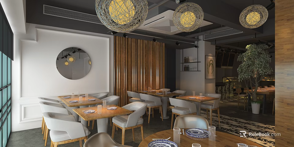 Modern Restaurant Interior With Wooden Panels Pendant Lights Dining Tables Chairs And Mirror 3d model 