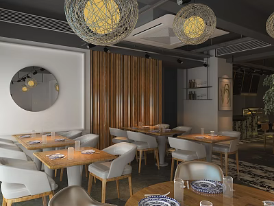 Modern Restaurant Interior With Wooden Panels Pendant Lights Dining Tables Chairs And Mirror 3d model