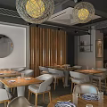 Modern Restaurant Interior With Wooden Panels Pendant Lights Dining Tables Chairs And Mirror
