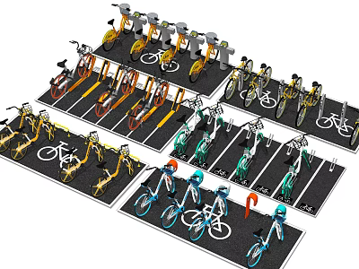 Colorful Bicycles Parked in Organized Racks at Urban Parking Area 3d model