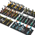 Colorful Bicycles Parked in Organized Racks at Urban Parking Area