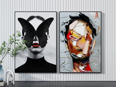 Black And White Butterfly Portrait And Colorful Collage Style Portrait Paintings For Wall Decor 3d model