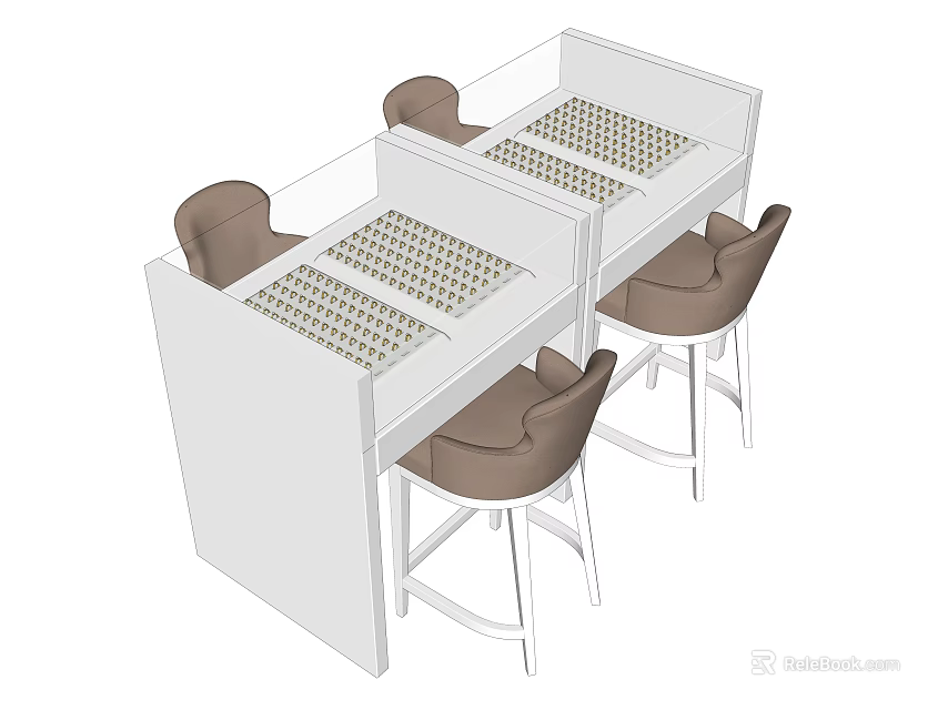 White Display Shelves With Grid Top Design And Brown Bar Stools 3d model