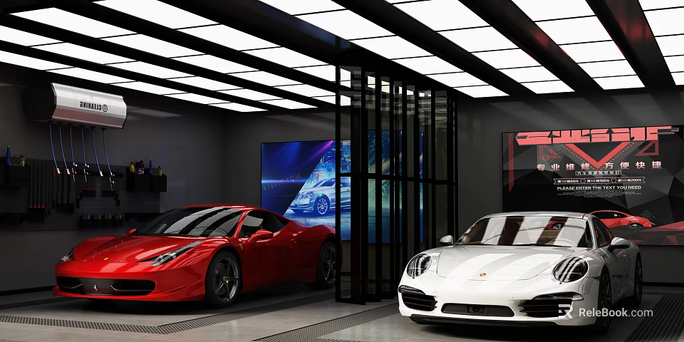Modern Luxury Car Showroom Interior With Red And White Sports Cars And Digital Screens 3d model 