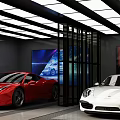 Modern Luxury Car Showroom Interior With Red And White Sports Cars And Digital Screens
