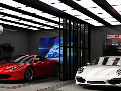 Modern Luxury Car Showroom Interior With Red And White Sports Cars And Digital Screens 3d model
