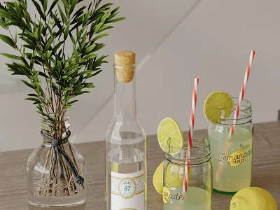 Fresh Kitchen Countertop With Olive Branch Vase Corked Lemon Bottle And Glass Jars 3d model