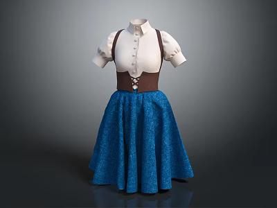 Fashionable Women's Dress With White Short Sleeved Top Brown Suspenders And Blue Flared Skirt 3d model