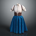 Fashionable Women's Dress With White Short Sleeved Top Brown Suspenders And Blue Flared Skirt