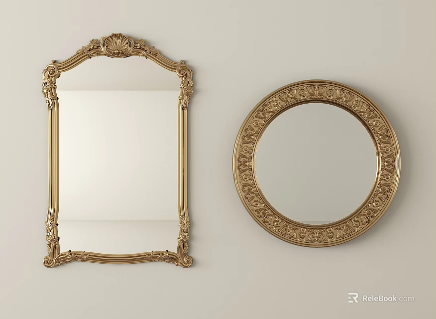 Rectangular and Round Mirrors with Intricate Golden Carved Frames for Home Decoration 3d model 