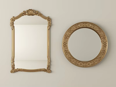 Rectangular and Round Mirrors with Intricate Golden Carved Frames for Home Decoration 3d model