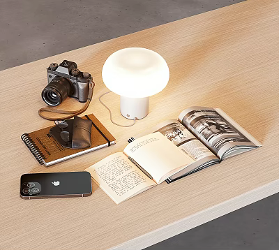 Open Books and Magazines on Wooden Table with Lamp Camera Notebook and Mobile Phone 3d model