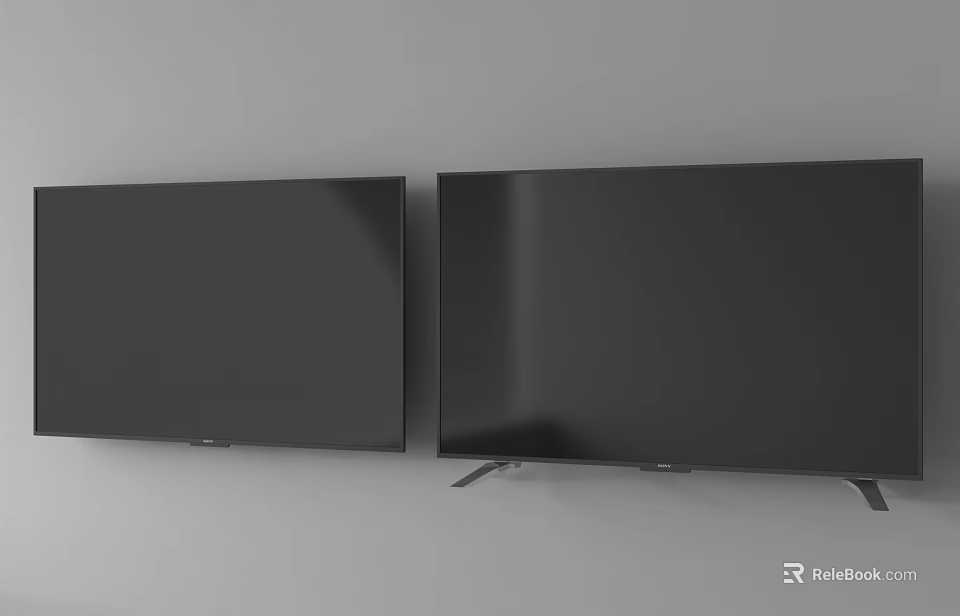 Two Black Modern TVs Mounted On Gray Wall With Sleek Design 3d model 