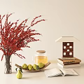 Elegant Decorative Ornament Set With Red Berry Branches Vase Lantern Books And Pears