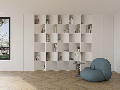 White Modular Bookshelf With Compartments Books Plants Next To Blue Beanbag Chair On Wooden Floor 3d model