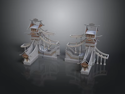 Traditional Architectural Model With Symmetric Pagoda Towers Overhanging Eaves And Bridge Structures 3d model