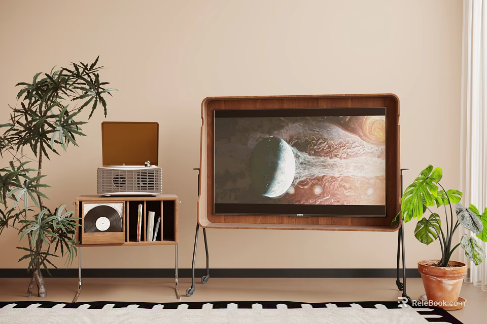 Vintage Wooden Frame Television On Metal Stand With Green Plants And Retro Record Player 3d model 