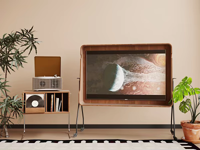 Vintage Wooden Frame Television On Metal Stand With Green Plants And Retro Record Player 3d model