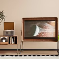Vintage Wooden Frame Television On Metal Stand With Green Plants And Retro Record Player