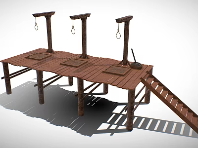 Ancient Historical Wooden Platform With Hanging Rings Pillars Square Planks And Ladder 3d model