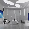 Modern Monitoring Room Interior With Large Screen Control Desks Computers Chairs And Lighting