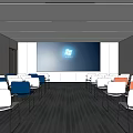 Public Office Space With Rows Of Chairs Projection Screen And Bright Ceiling Lighting