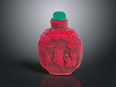 Red Snuff Bottle With Green Lid And Intricate Carved Patterns For Daily Use 3d model