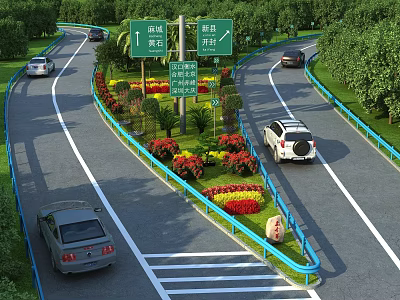 WellDesigned Road Infrastructure With Directional Traffic Signs Green Belts And Blue Guardrails For Safe Driving 3d model