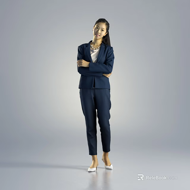 Professional Woman In Navy Blue Suit With White Blouse And Necklace Standing With Crossed Arms 3d model 