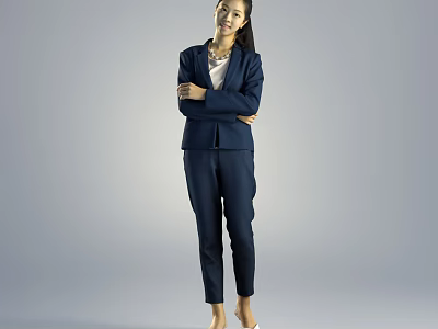Professional Woman In Navy Blue Suit With White Blouse And Necklace Standing With Crossed Arms 3d model