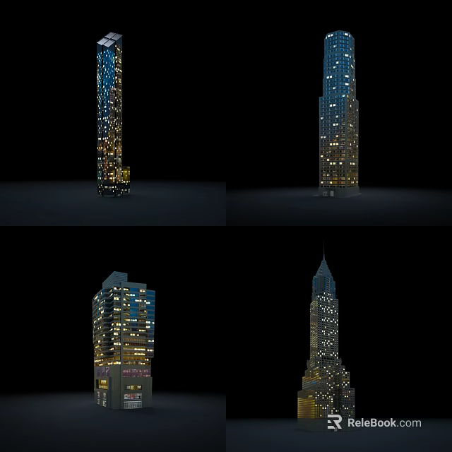 Modern Urban Building Complex With Illuminated Skyscrapers Night View And Multiple Angles 3d model